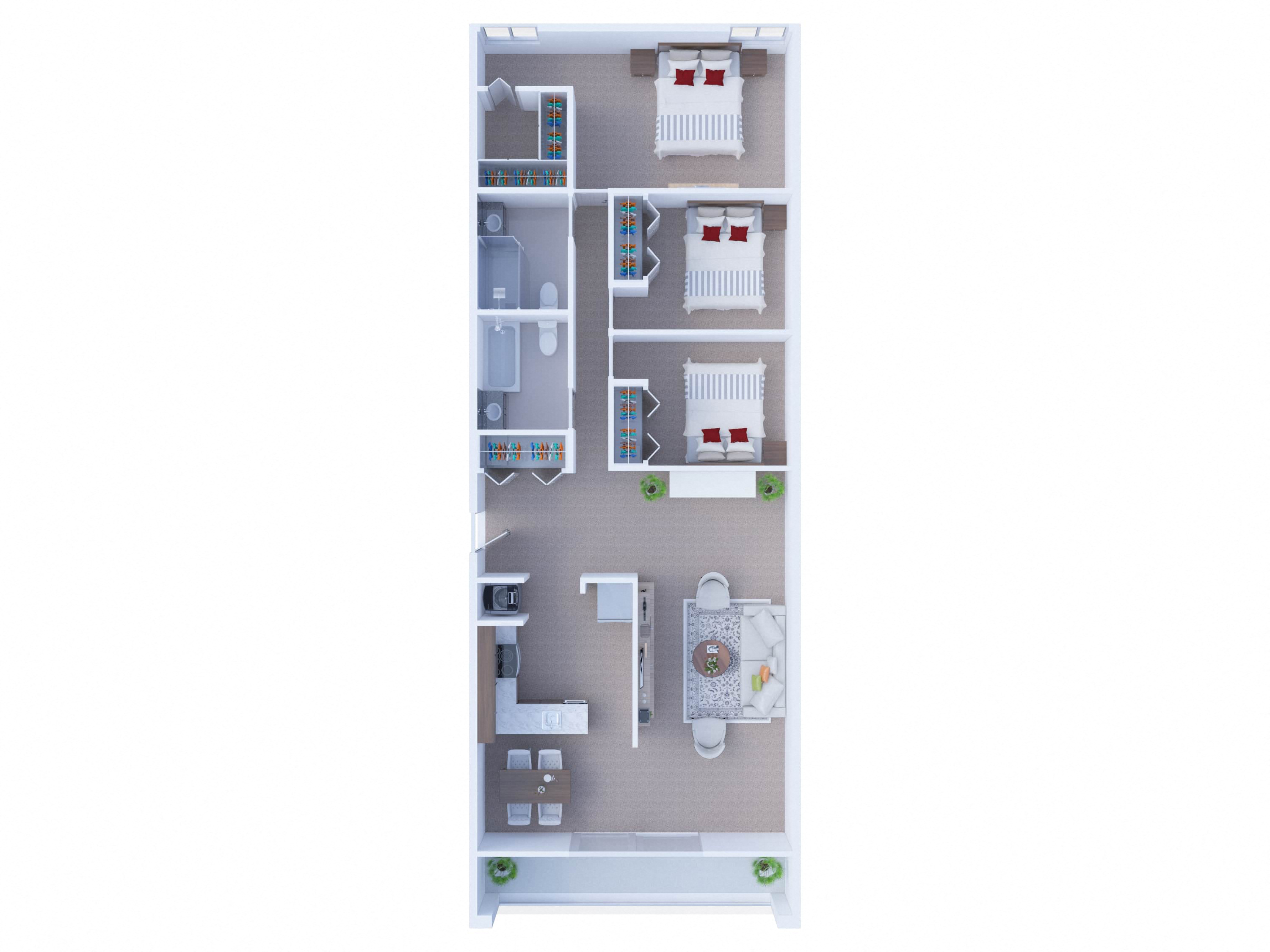 Floor plan for 3 beds, 2 baths, 1250 sqft